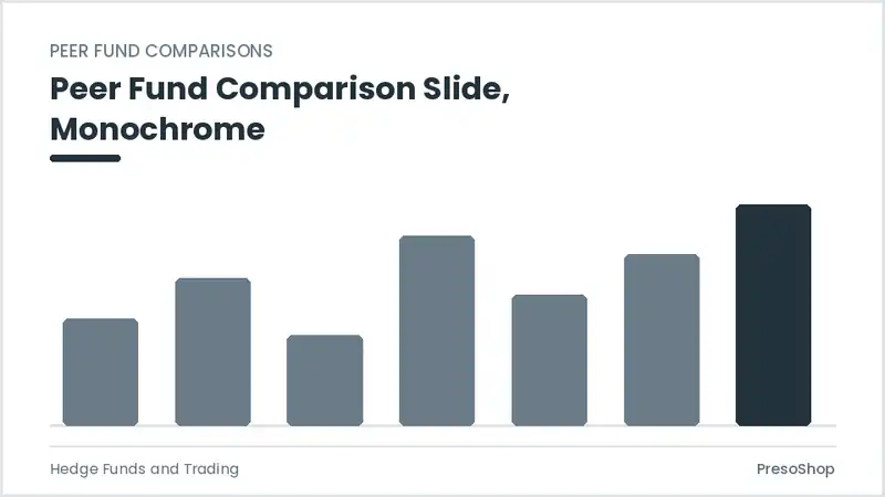 Editable PowerPoint peer fund comparison slide template in a monochrome treatment, built from recolourable native shapes for hedge funds and trading decks