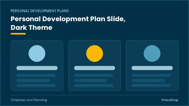 Editable PowerPoint personal development plan slide template in a dark theme, built from recolourable native shapes for timelines and planning decks