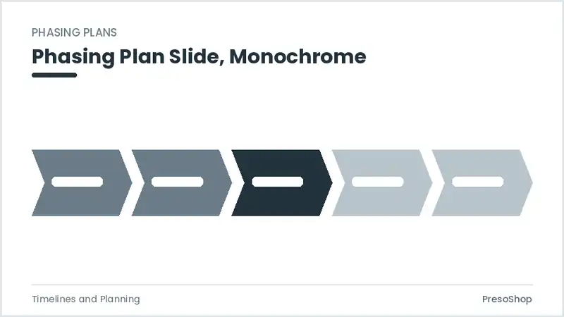 Editable PowerPoint phasing plan slide template in a monochrome treatment, built from recolourable native shapes for timelines and planning decks
