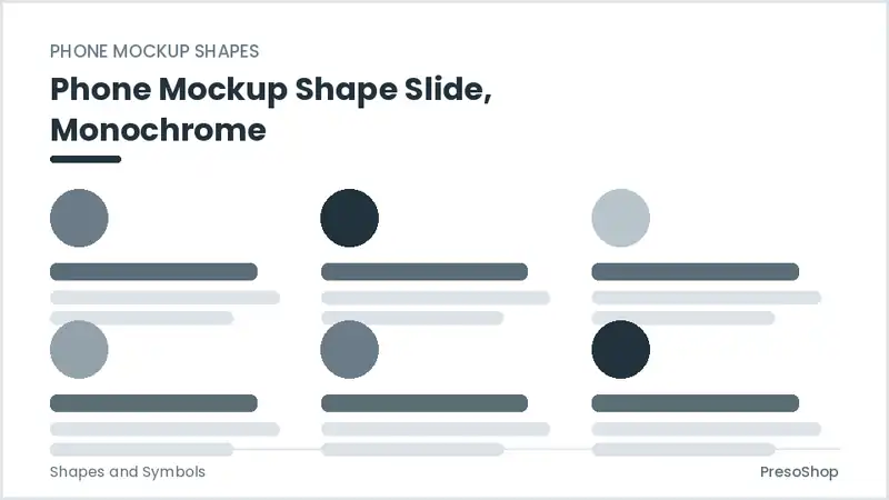 Editable PowerPoint phone mockup shape slide template in a monochrome treatment, built from recolourable native shapes for shapes and symbols decks