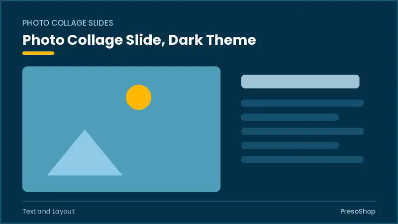 Editable PowerPoint photo collage slide template in a dark theme, built from recolourable native shapes for text and layout decks