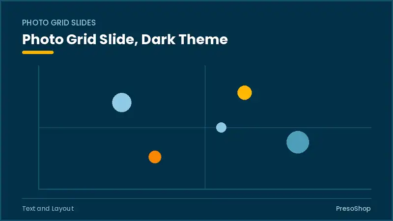 Editable PowerPoint photo grid slide template in a dark theme, built from recolourable native shapes for text and layout decks
