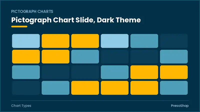 Editable PowerPoint pictograph chart slide template in a dark theme, built from recolourable native shapes for chart types decks