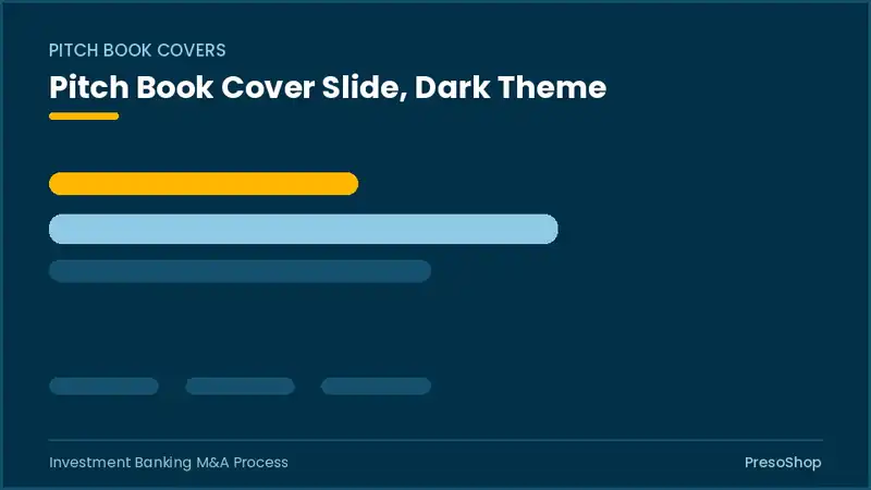 Editable PowerPoint pitch book cover slide template in a dark theme, built from recolourable native shapes for investment banking m&a process decks
