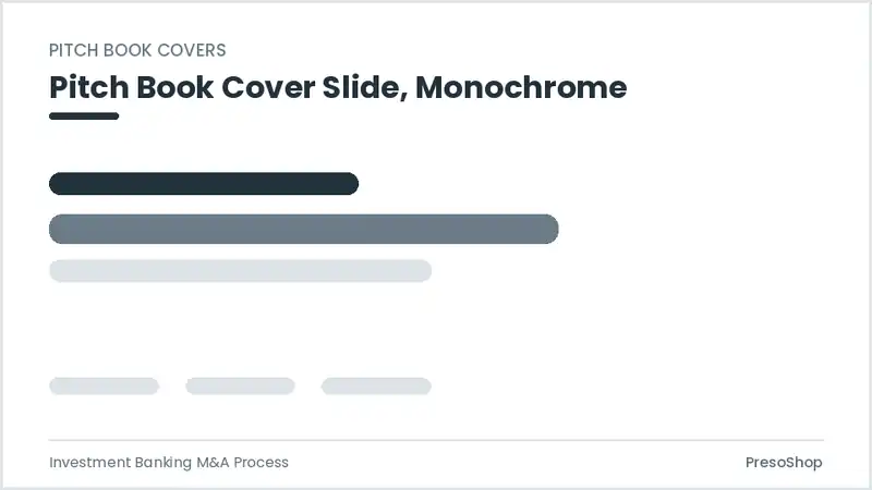 Editable PowerPoint pitch book cover slide template in a monochrome treatment, built from recolourable native shapes for investment banking m&a process decks