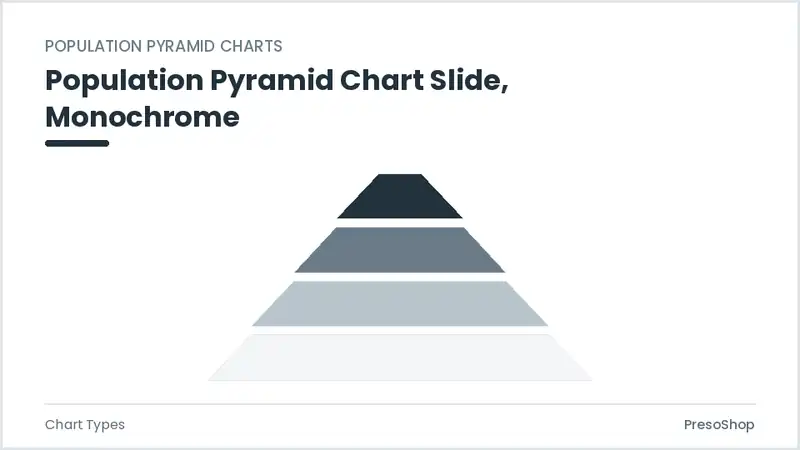 Editable PowerPoint population pyramid chart slide template in a monochrome treatment, built from recolourable native shapes for chart types decks