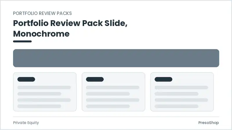 Editable PowerPoint portfolio review pack slide template in a monochrome treatment, built from recolourable native shapes for private equity decks