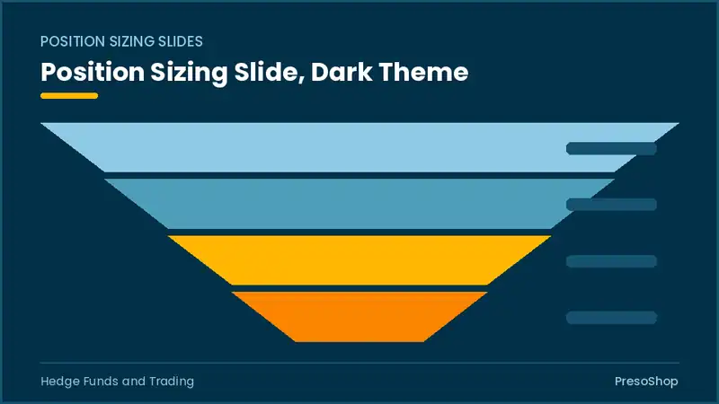 Editable PowerPoint position sizing slide template in a dark theme, built from recolourable native shapes for hedge funds and trading decks
