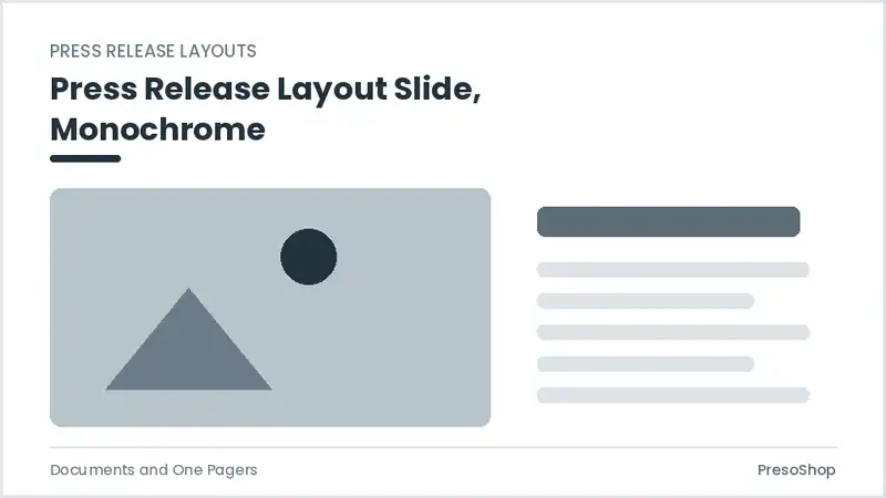 Editable PowerPoint press release layout slide template in a monochrome treatment, built from recolourable native shapes for documents and one pagers decks