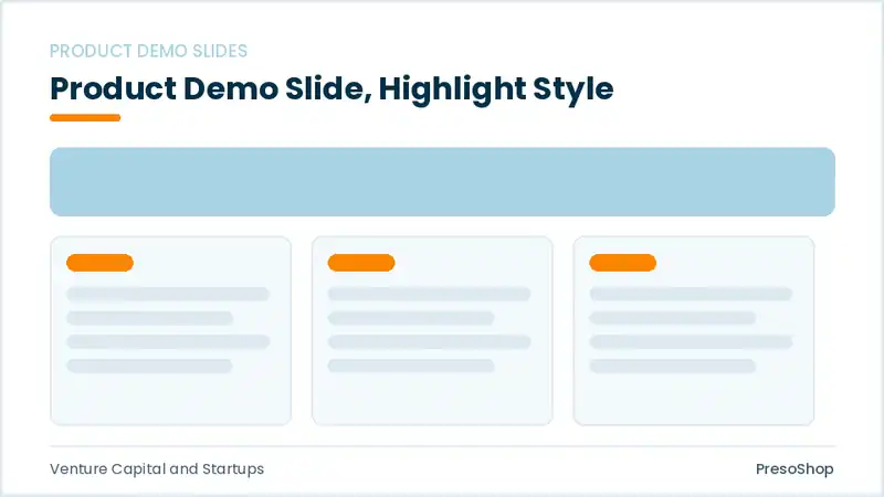 Editable PowerPoint product demo slide template with an accented takeaway, built from recolourable native shapes for venture capital and startups decks