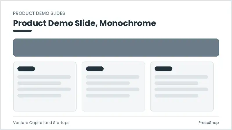 Editable PowerPoint product demo slide template in a monochrome treatment, built from recolourable native shapes for venture capital and startups decks