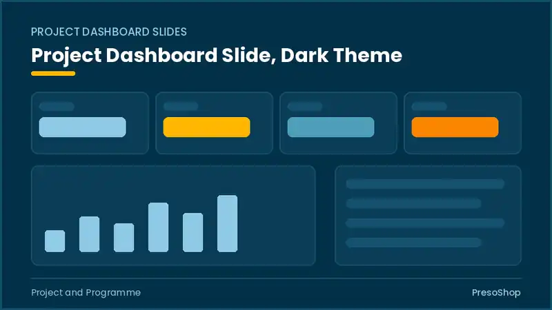 Editable PowerPoint project dashboard slide template in a dark theme, built from recolourable native shapes for project and programme decks