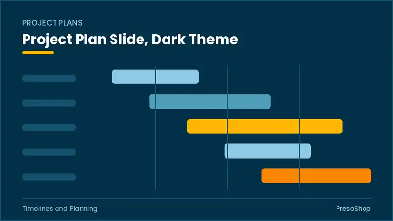 Editable PowerPoint project plan slide template in a dark theme, built from recolourable native shapes for timelines and planning decks