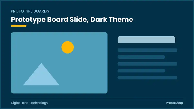 Editable PowerPoint prototype board slide template in a dark theme, built from recolourable native shapes for digital and technology decks