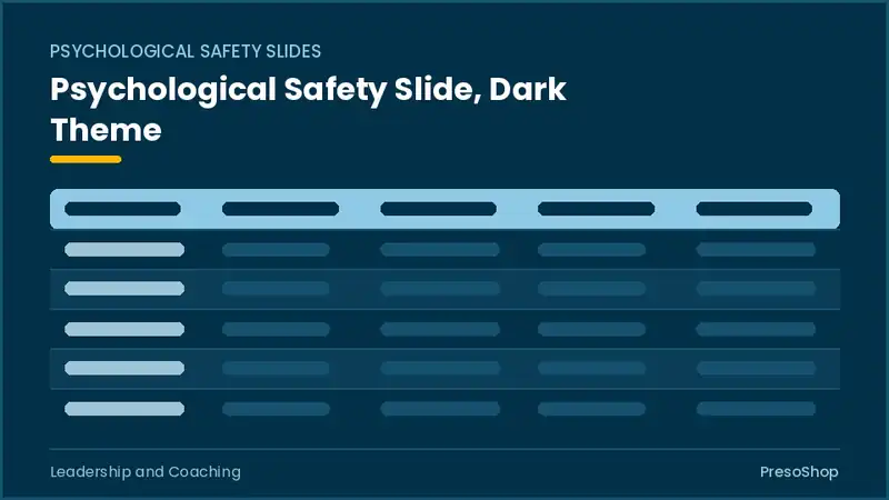 Editable PowerPoint psychological safety slide template in a dark theme, built from recolourable native shapes for leadership and coaching decks