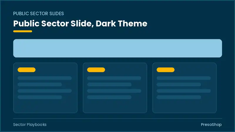 Editable PowerPoint public sector slide template in a dark theme, built from recolourable native shapes for sector playbooks decks