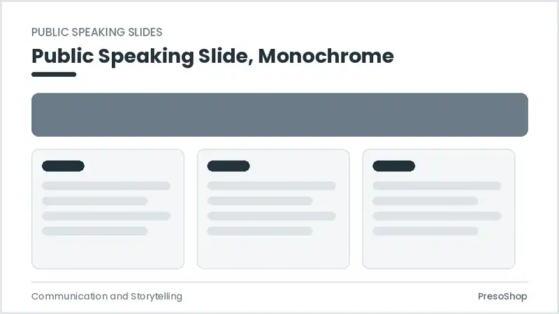 Editable PowerPoint public speaking slide template in a monochrome treatment, built from recolourable native shapes for communication and storytelling decks
