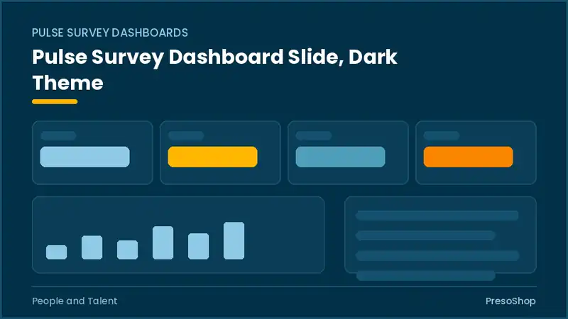 Editable PowerPoint pulse survey dashboard slide template in a dark theme, built from recolourable native shapes for people and talent decks