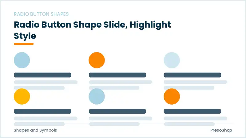 Editable PowerPoint radio button shape slide template with an accented takeaway, built from recolourable native shapes for shapes and symbols decks