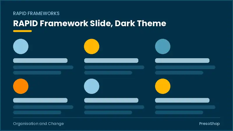 Editable PowerPoint rapid framework slide template in a dark theme, built from recolourable native shapes for organisation and change decks