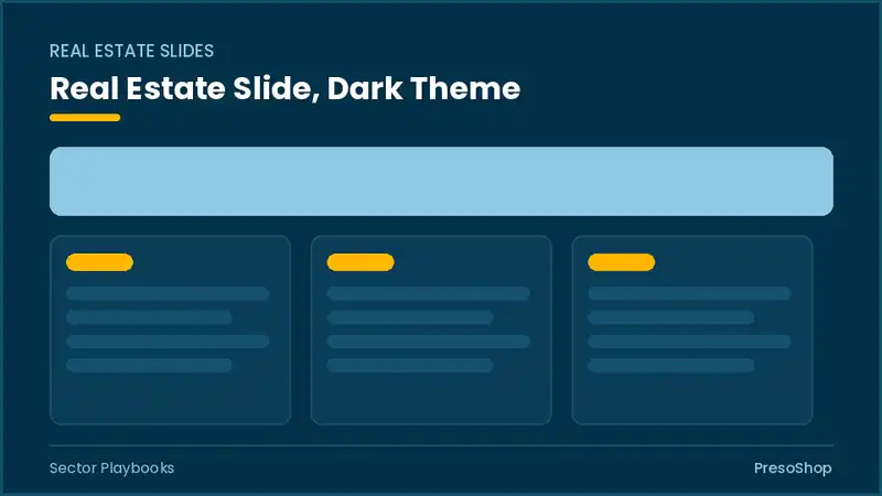 Editable PowerPoint real estate slide template in a dark theme, built from recolourable native shapes for sector playbooks decks