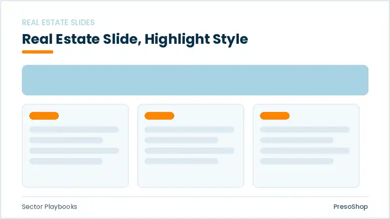 Editable PowerPoint real estate slide template with an accented takeaway, built from recolourable native shapes for sector playbooks decks