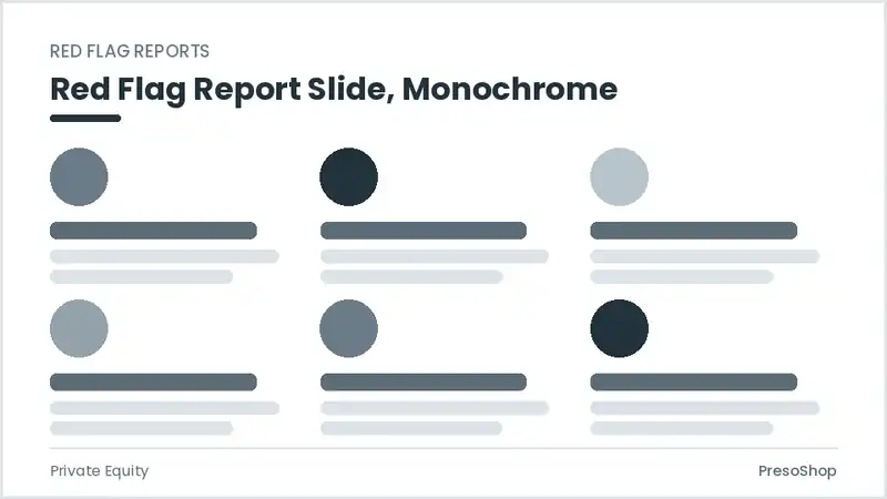 Editable PowerPoint red flag report slide template in a monochrome treatment, built from recolourable native shapes for private equity decks