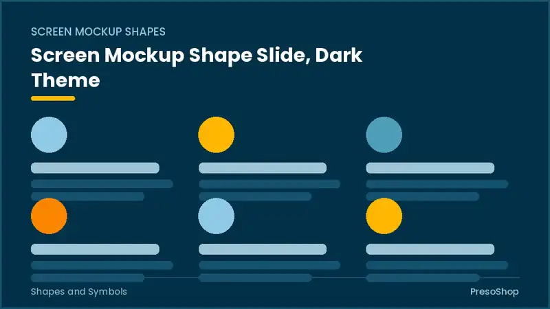 Editable PowerPoint screen mockup shape slide template in a dark theme, built from recolourable native shapes for shapes and symbols decks