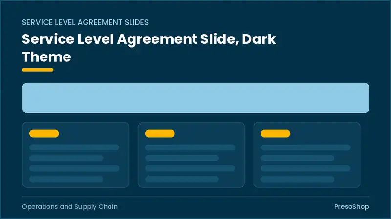 Editable PowerPoint service level agreement slide template in a dark theme, built from recolourable native shapes for operations and supply chain decks