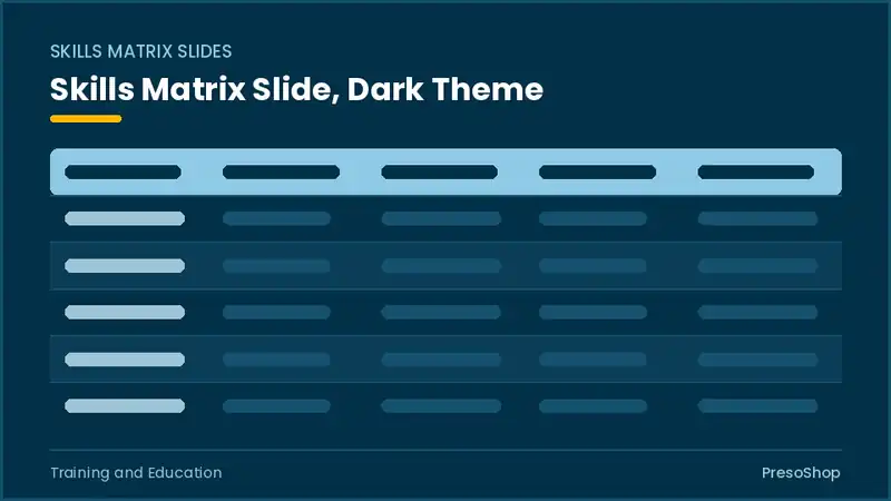 Editable PowerPoint skills matrix slide template in a dark theme, built from recolourable native shapes for training and education decks