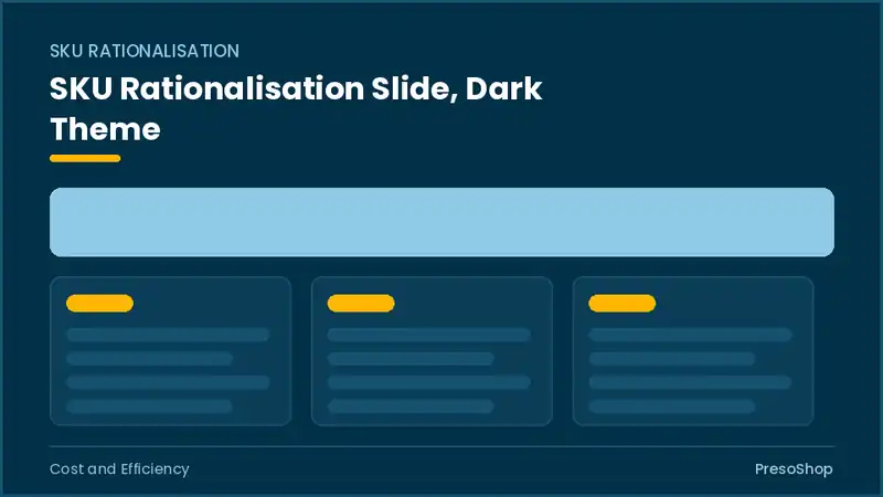 Editable PowerPoint sku rationalisation slide template in a dark theme, built from recolourable native shapes for cost and efficiency decks