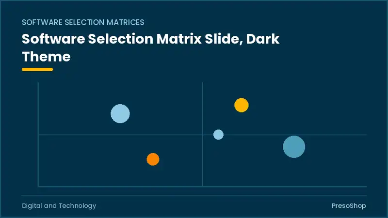 Editable PowerPoint software selection matrix slide template in a dark theme, built from recolourable native shapes for digital and technology decks