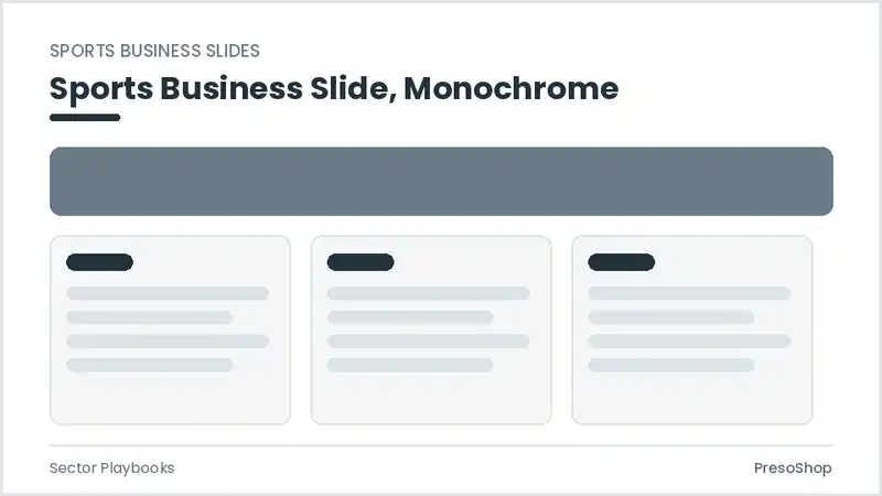 Editable PowerPoint sports business slide template in a monochrome treatment, built from recolourable native shapes for sector playbooks decks