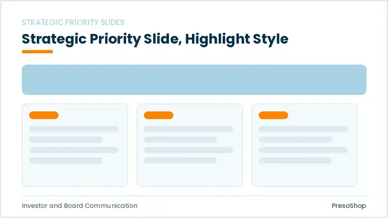 Editable PowerPoint strategic priority slide template with an accented takeaway, built from recolourable native shapes for investor and board communication decks