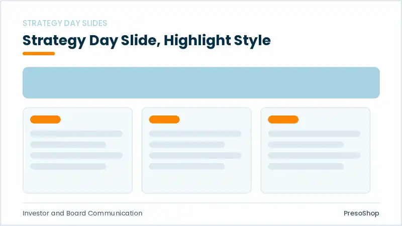 Editable PowerPoint strategy day slide template with an accented takeaway, built from recolourable native shapes for investor and board communication decks