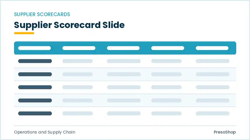 Editable PowerPoint supplier scorecard slide template, built from recolourable native shapes for operations and supply chain decks