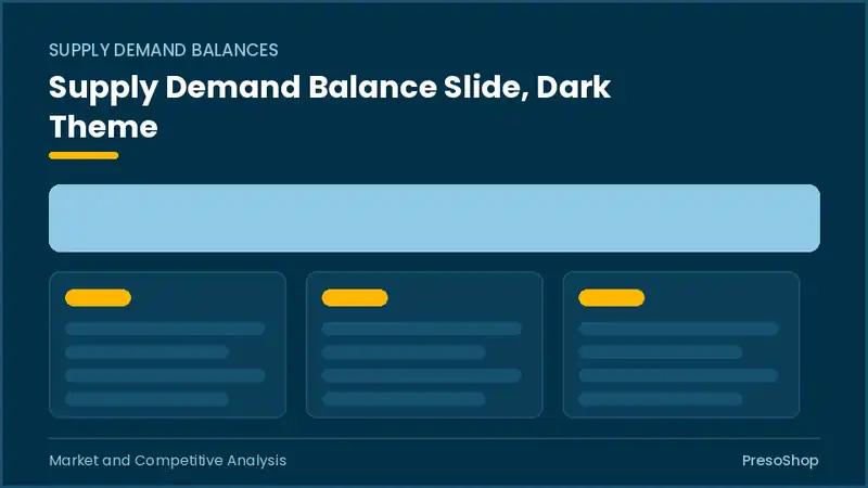 Editable PowerPoint supply demand balance slide template in a dark theme, built from recolourable native shapes for market and competitive analysis decks