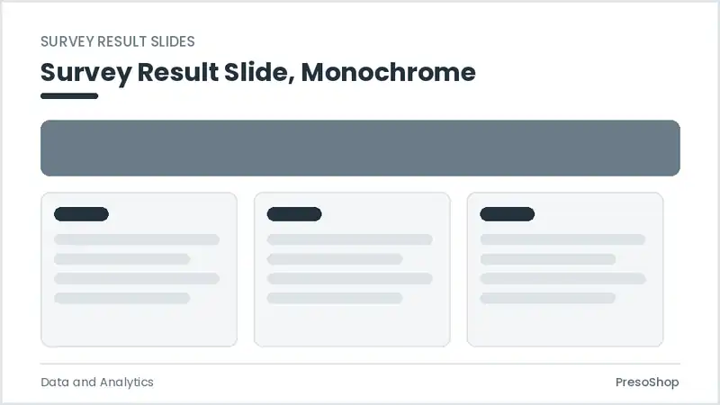 Editable PowerPoint survey result slide template in a monochrome treatment, built from recolourable native shapes for data and analytics decks