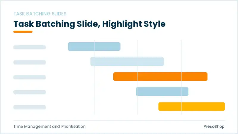 Editable PowerPoint task batching slide template with an accented takeaway, built from recolourable native shapes for time management and prioritisation decks