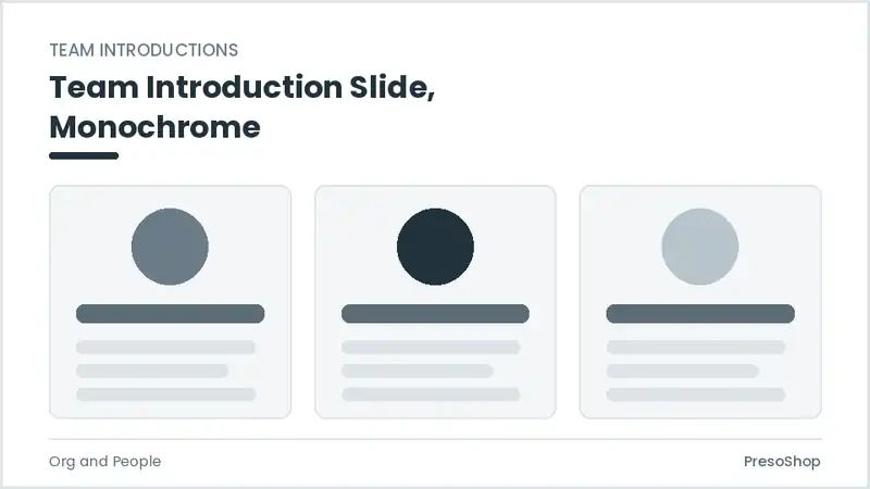 Editable PowerPoint team introduction slide template in a monochrome treatment, built from recolourable native shapes for org and people decks