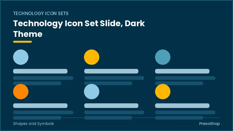 Editable PowerPoint technology icon set slide template in a dark theme, built from recolourable native shapes for shapes and symbols decks