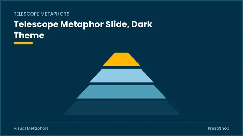 Editable PowerPoint telescope metaphor slide template in a dark theme, built from recolourable native shapes for visual metaphors decks