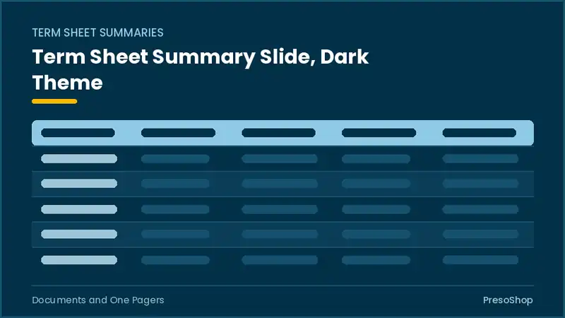 Editable PowerPoint term sheet summary slide template in a dark theme, built from recolourable native shapes for documents and one pagers decks
