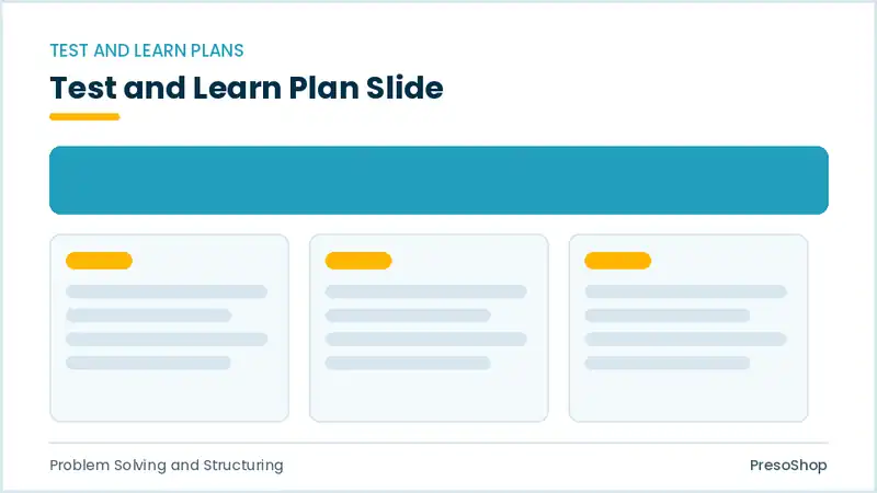 Editable PowerPoint test and learn plan slide template, built from recolourable native shapes for problem solving and structuring decks