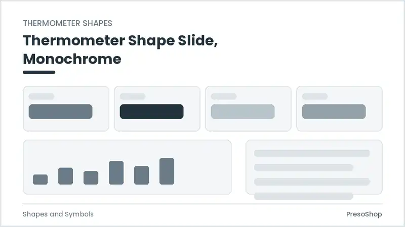 Editable PowerPoint thermometer shape slide template in a monochrome treatment, built from recolourable native shapes for shapes and symbols decks