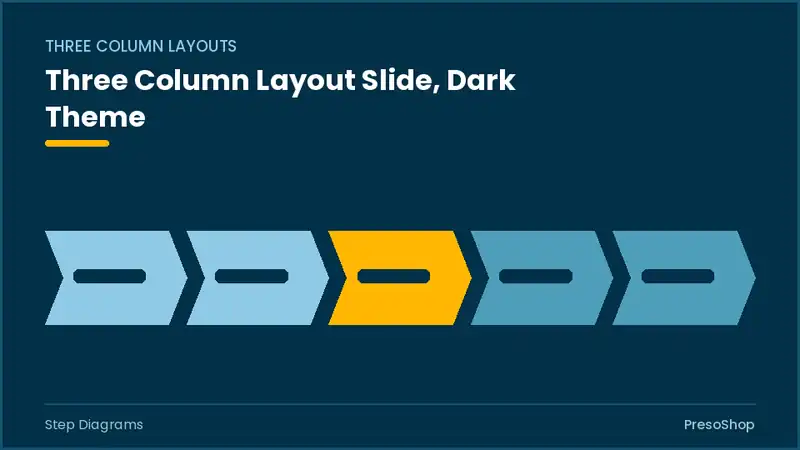 Editable PowerPoint three column layout slide template in a dark theme, built from recolourable native shapes for step diagrams decks
