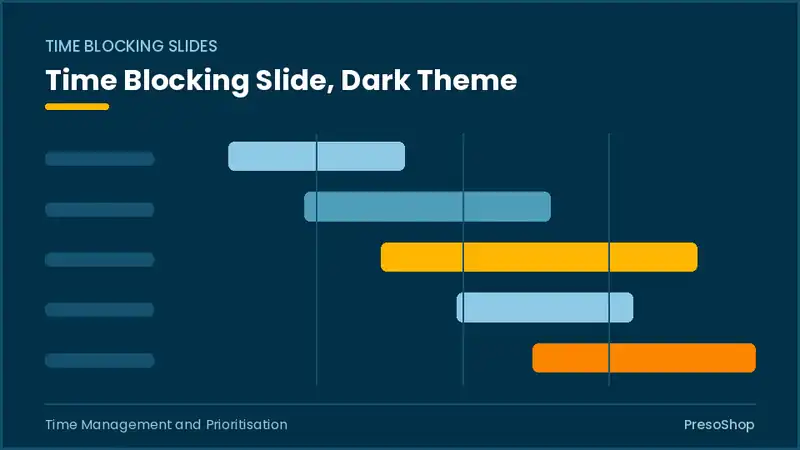 Editable PowerPoint time blocking slide template in a dark theme, built from recolourable native shapes for time management and prioritisation decks