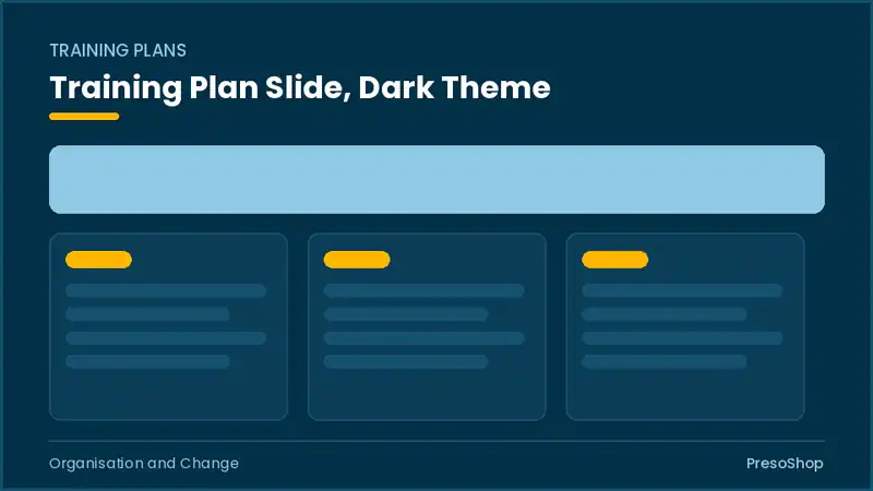 Editable PowerPoint training plan slide template in a dark theme, built from recolourable native shapes for organisation and change decks
