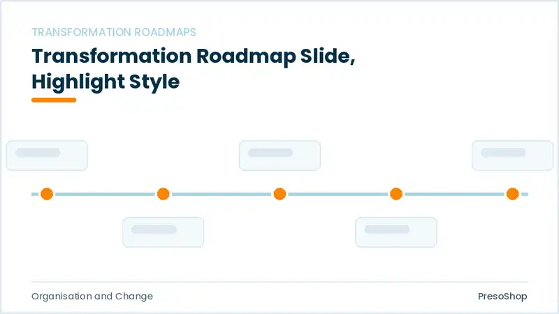 Editable PowerPoint transformation roadmap slide template with an accented takeaway, built from recolourable native shapes for organisation and change decks