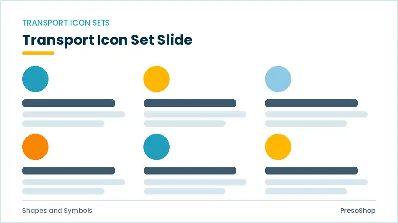 Editable PowerPoint transport icon set slide template, built from recolourable native shapes for shapes and symbols decks